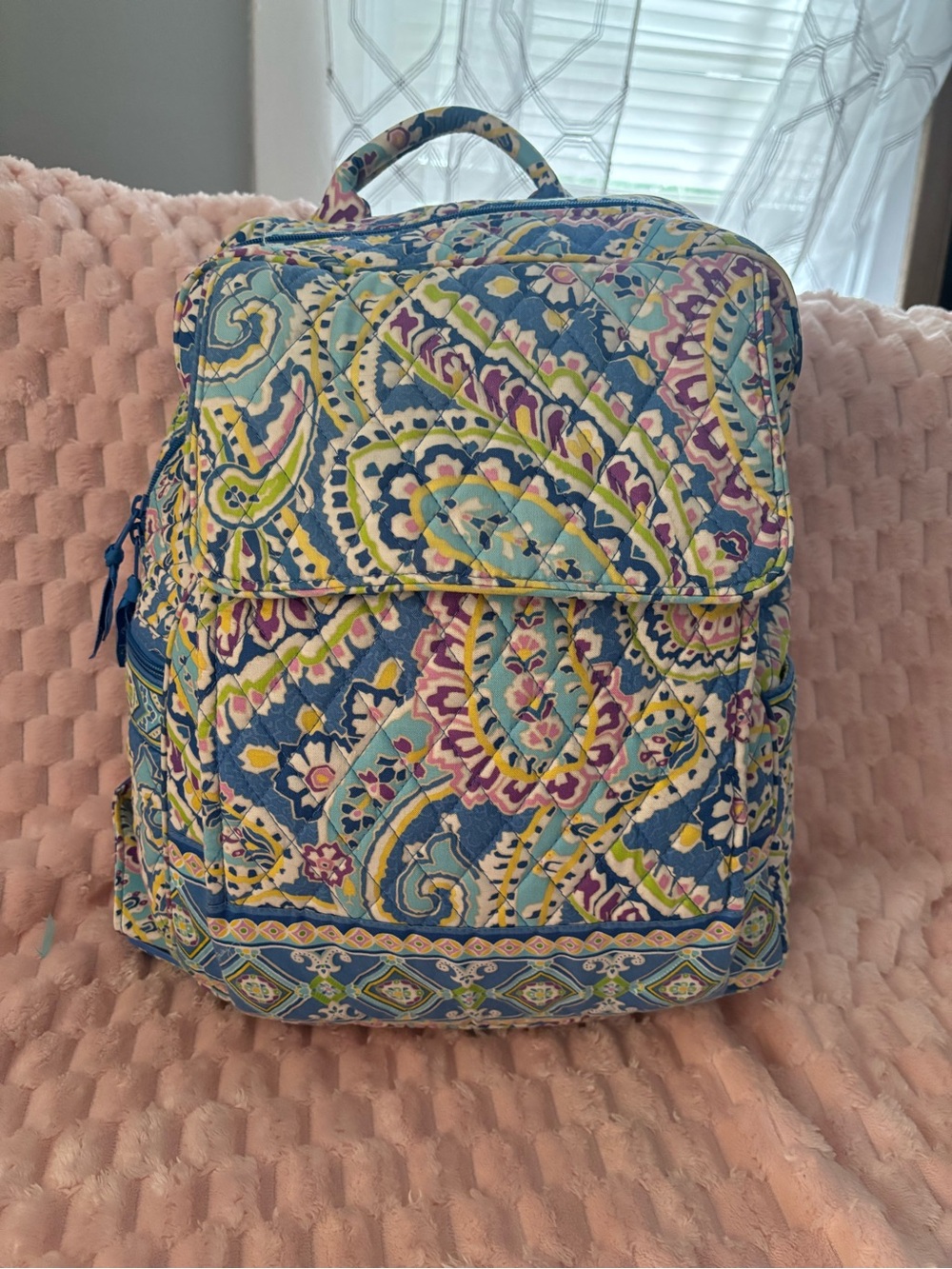 Vera Bradley Quilted Paisley Backpack in Blue, Yellow & Pink